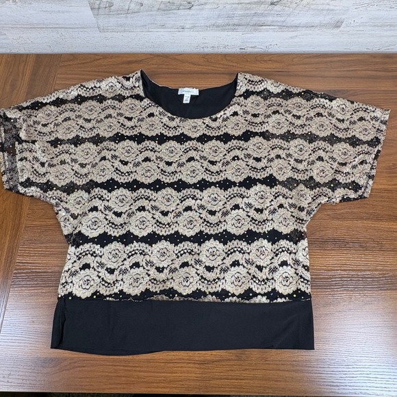 Dressbarn Woman 1X Top Black Gold Lace Sequined‎ Flutter Sleeve Party Blouse - Picture 3 of 13